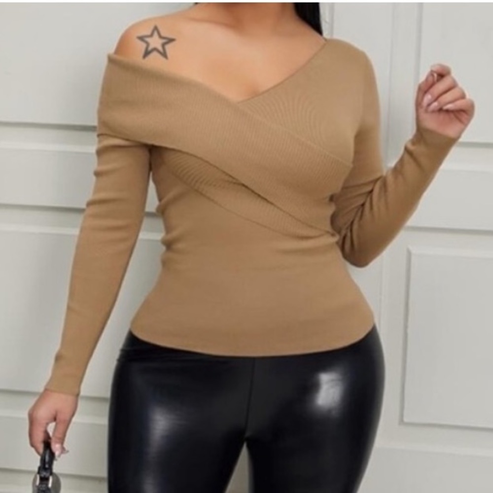 Sexy Off The Shoulder Criss Cross Design Rib Knit Show Off Yr Curves Sweater
